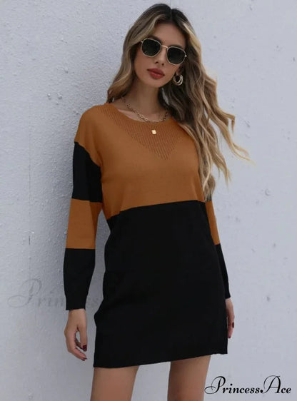 Turtleneck Loose Knit Stitching Sweater Dress S / Pink Sweater