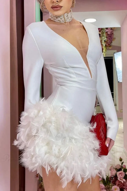 V Neck Feather Pack Mini Dress Dresses