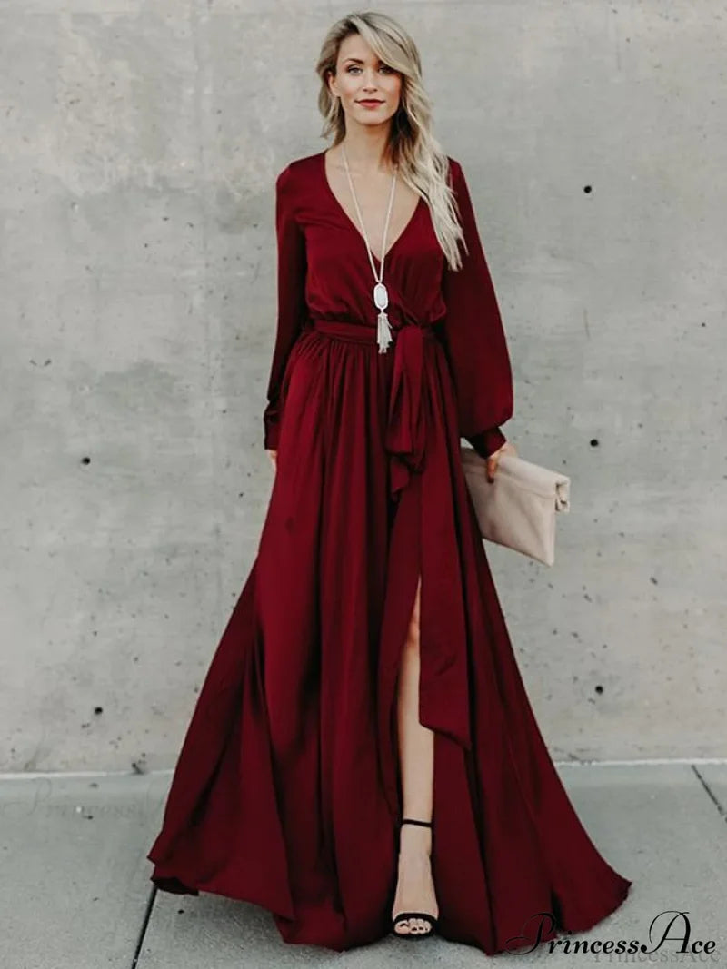 V-Neck Long Sleeves Belted Maxi Dress S / Green Dresses