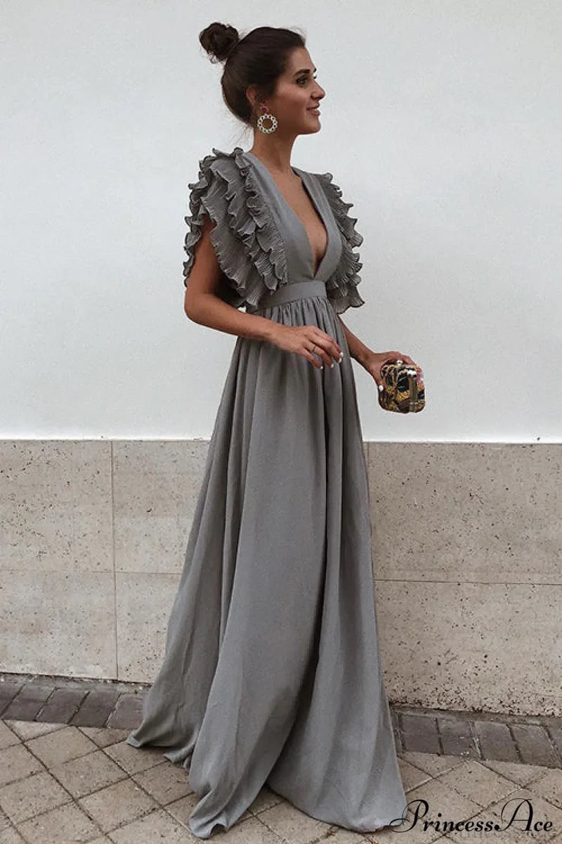 V Neck Ruffled High Waist Party Dress S / Red V Neck Long Maxi Dress