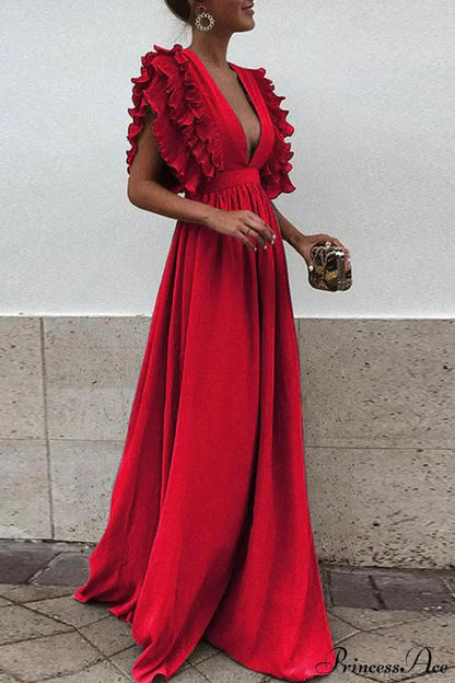 V Neck Ruffled High Waist Party Dress S / Blue V Neck Long Maxi Dress