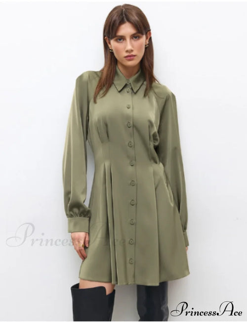 Vintage Green Office Long Sleeve Lapel Short Dress For Autumn S / Green Dresses