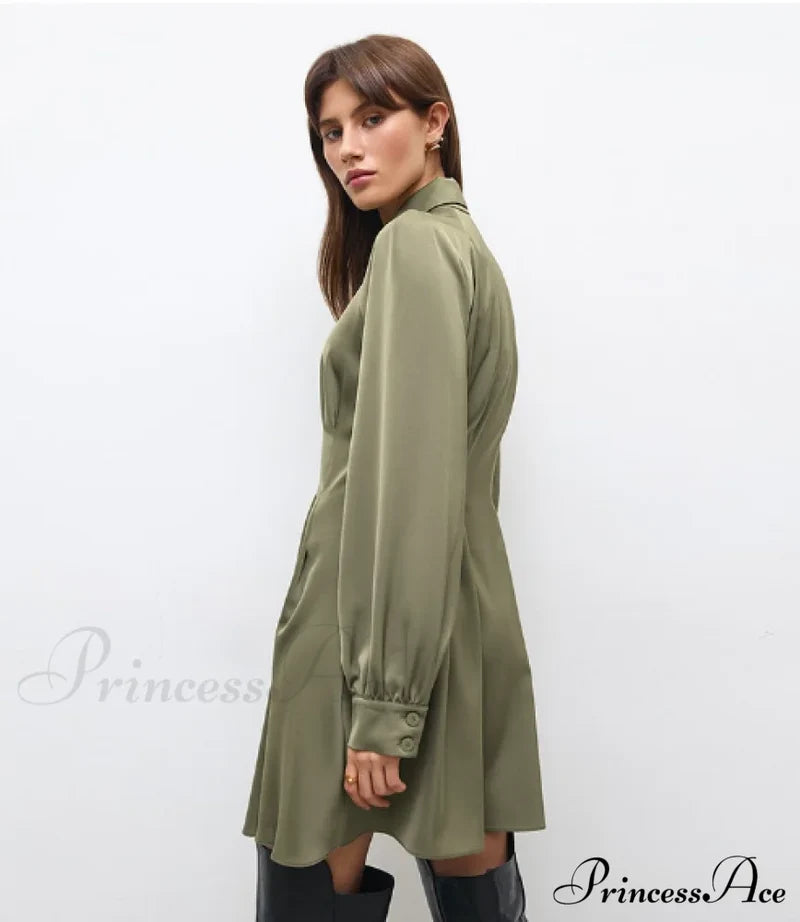 Vintage Green Office Long Sleeve Lapel Short Dress For Autumn M / Green Dresses