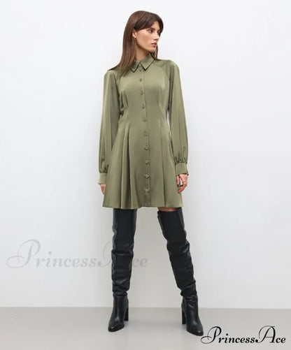 Vintage Green Office Long Sleeve Lapel Short Dress For Autumn M / Blue Dresses