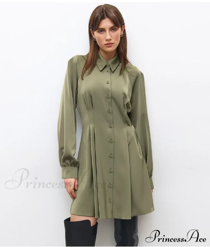 Vintage Green Office Long Sleeve Lapel Short Dress For Autumn L / Green Dresses