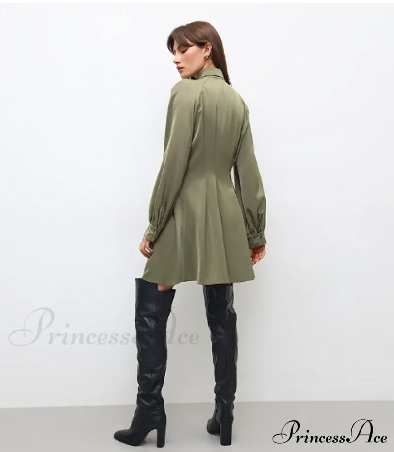Vintage Green Office Long Sleeve Lapel Short Dress For Autumn L / Blue Dresses