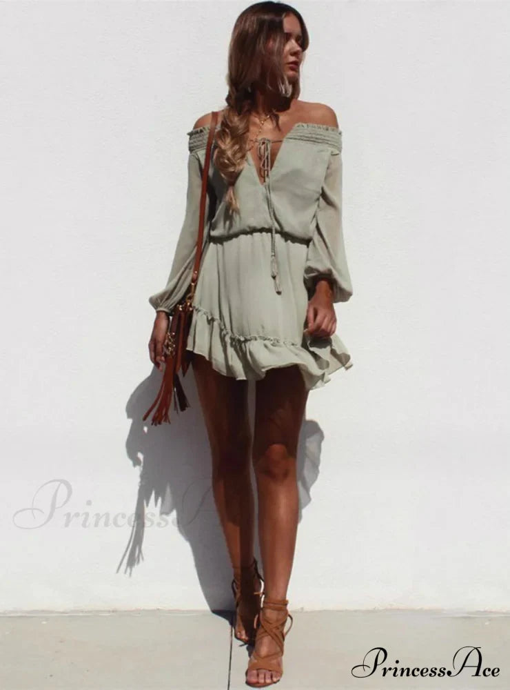 Vintage Off Shoulder Chiffon Dress With Long Lantern Sleeves S / Pink Dresses