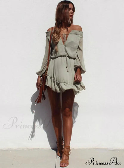 Vintage Off Shoulder Chiffon Dress With Long Lantern Sleeves S / Pink Dresses