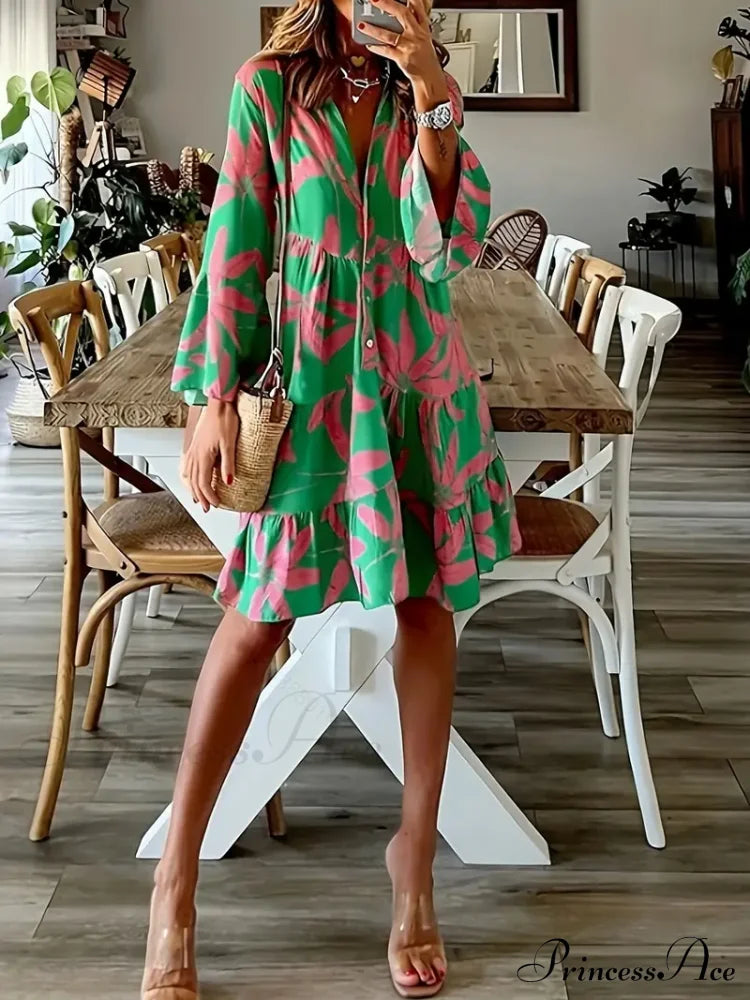 With Arm Long Gown Leaves Full-Length Tiered Print M / Blue Long Sleeve Print Dress