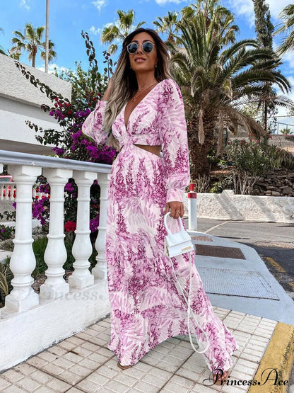 With Long Gown Bachelorette Design V-Neck Flowered Full-Length Sleeves S / Purple Blue Print Maxi
