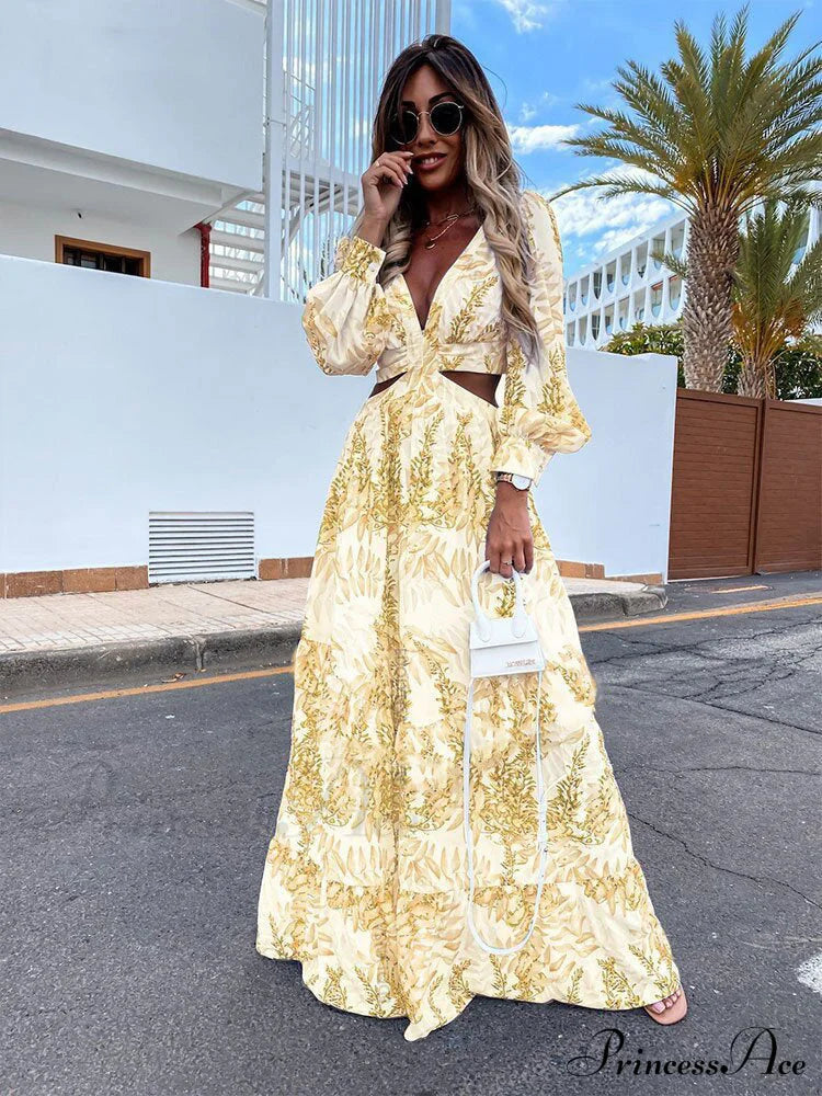 With Long Gown Bachelorette Design V-Neck Flowered Full-Length Sleeves S / Orange Blue Print Maxi
