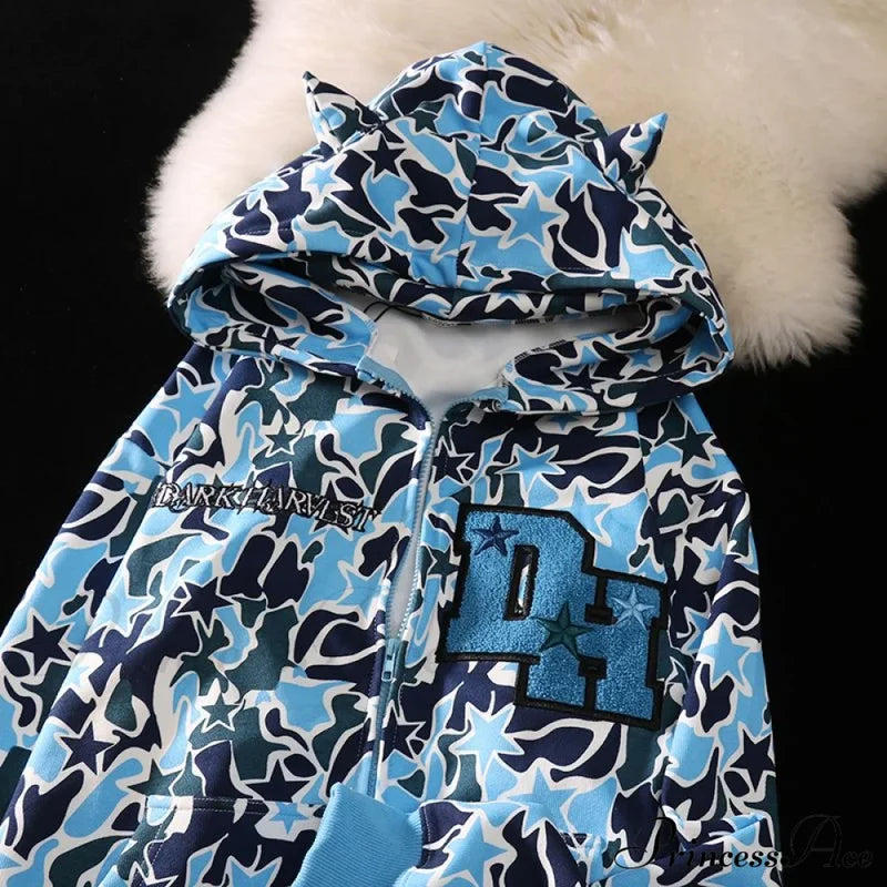 Y2K Hoodie Demon Streetwear Camouflage Up Embroidery Oversized Harajuku Zip Women 1 / S